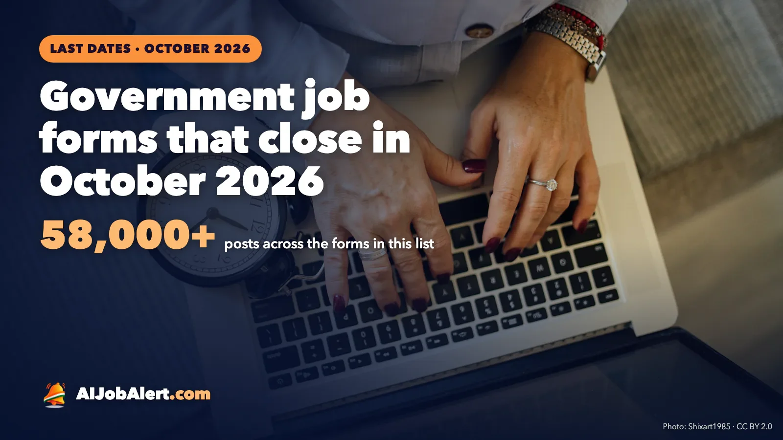 Hands typing on a laptop keyboard next to a clock